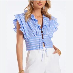 Bishop + young‎ Blue and White Striped Ruffle Blouse Raphael